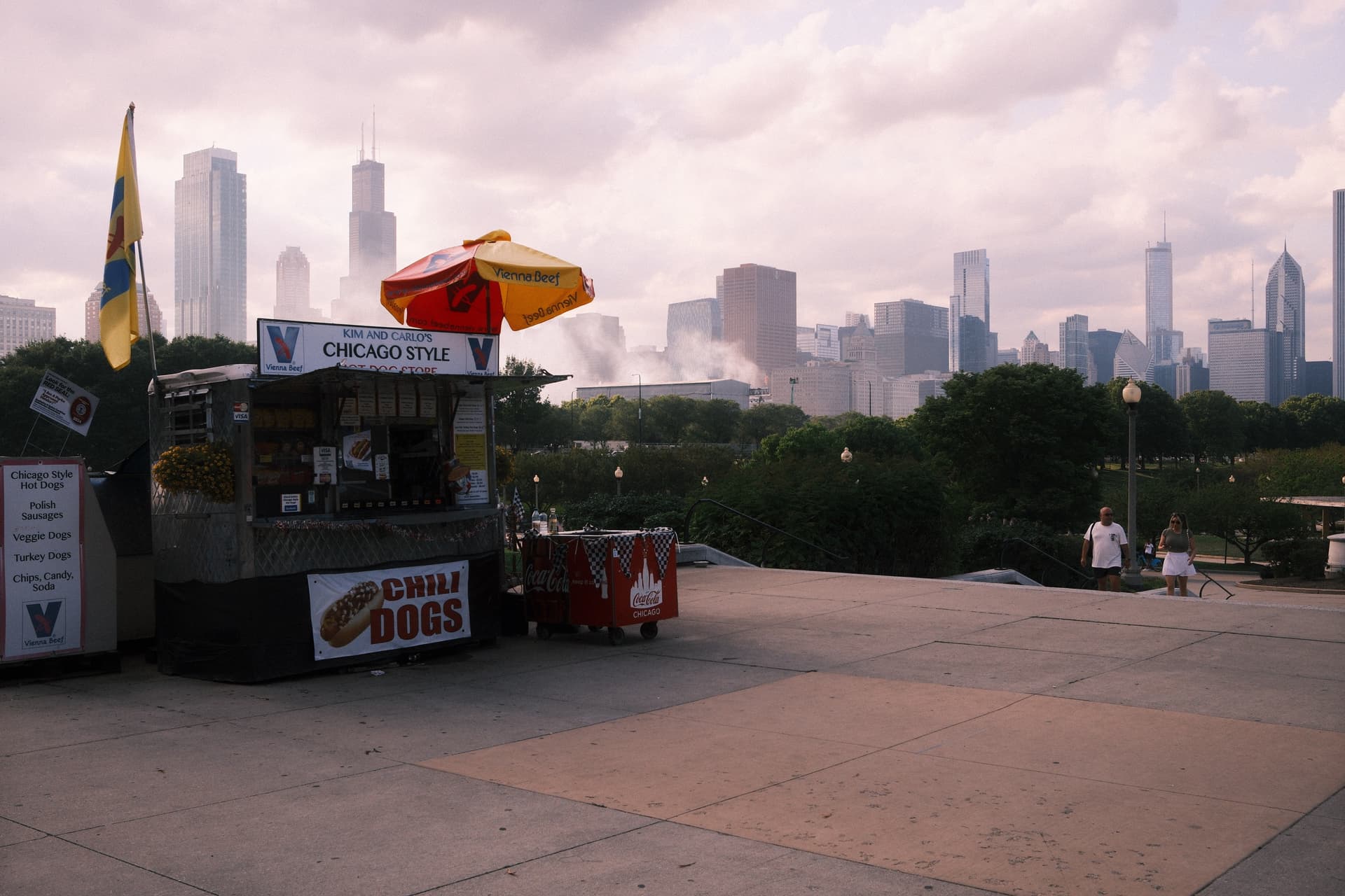 Chicago hot dog cart with city skyline